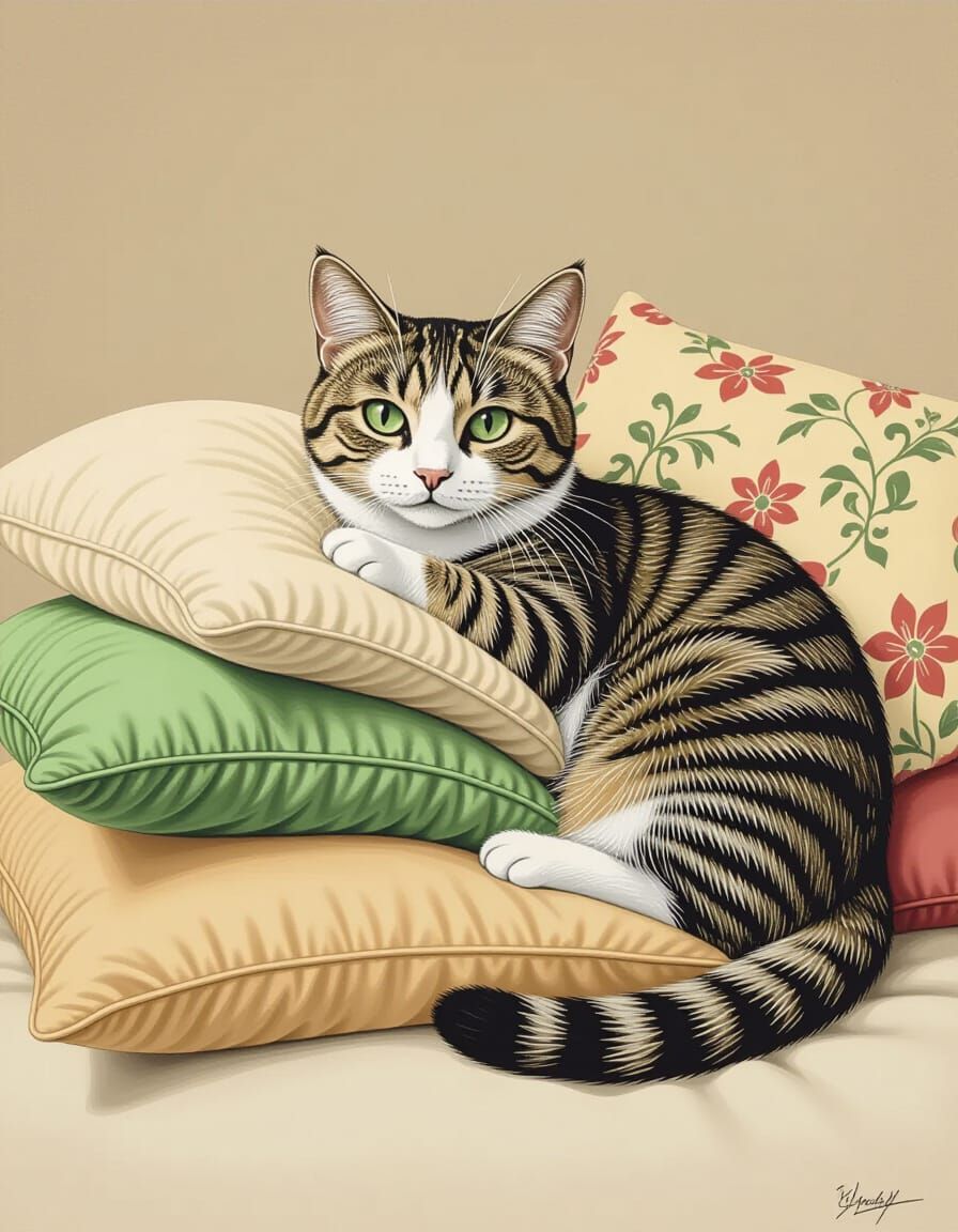 Petite Cat Resting on Pillows in Irish Landscape