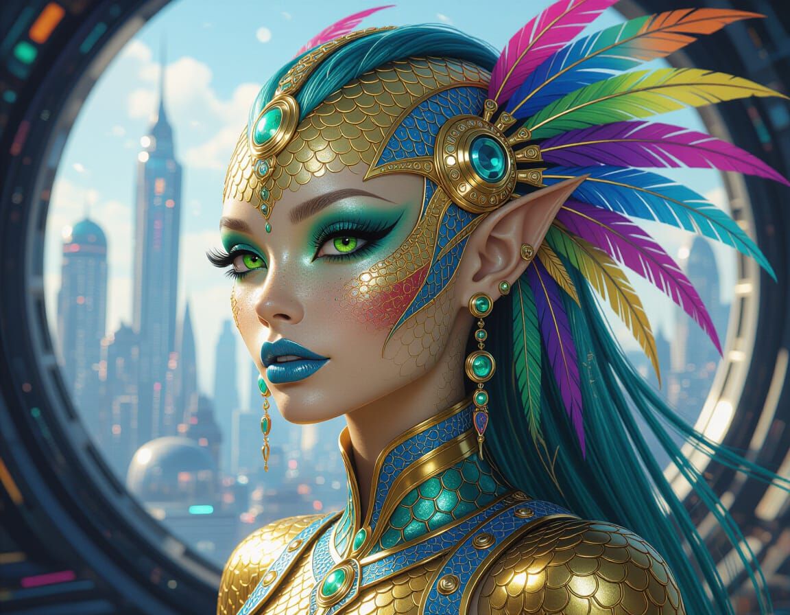 Golden Alien with Biopunk Jewelry in Synthwave City