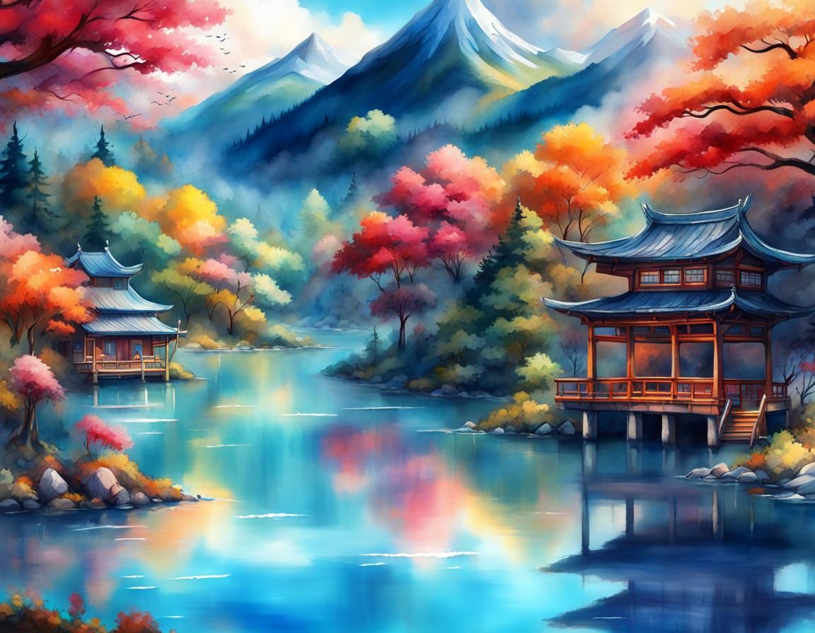 Watercolor Blue Lake in Japanese Cartoon Style