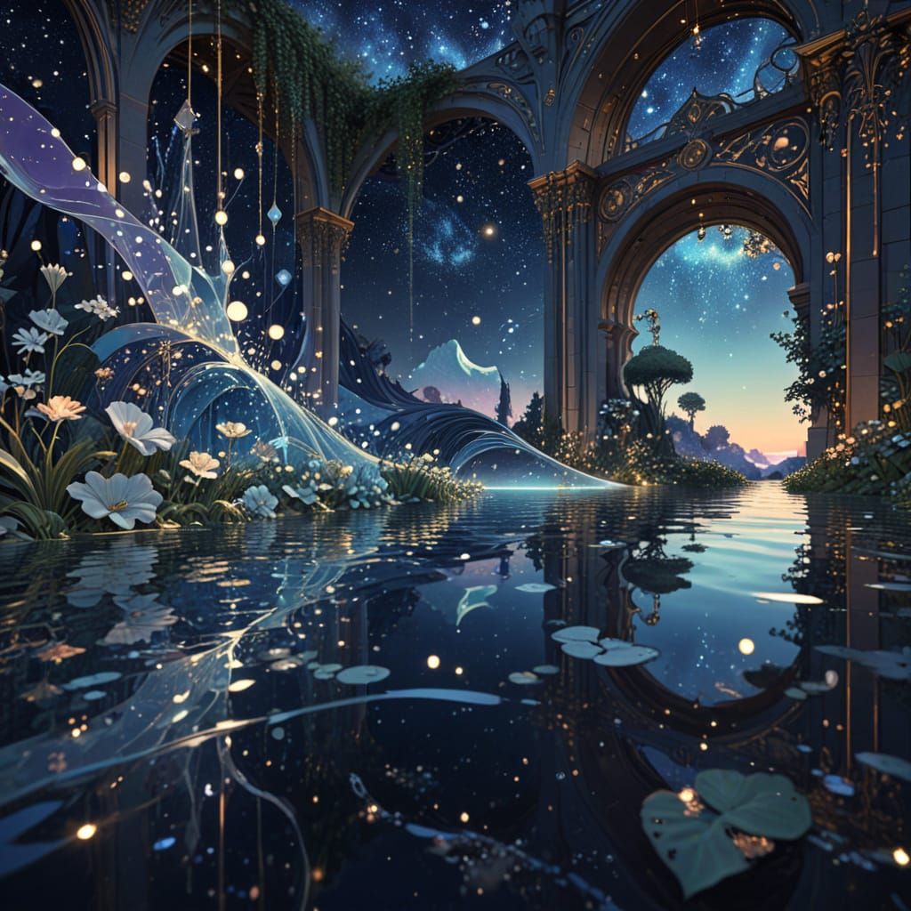Art Nouveau Cosmic Night Sky with Fractal Garden