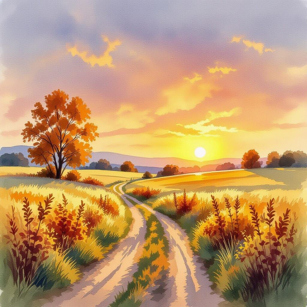 Autumn Landscape with Sunset in Realistic Watercolor Style