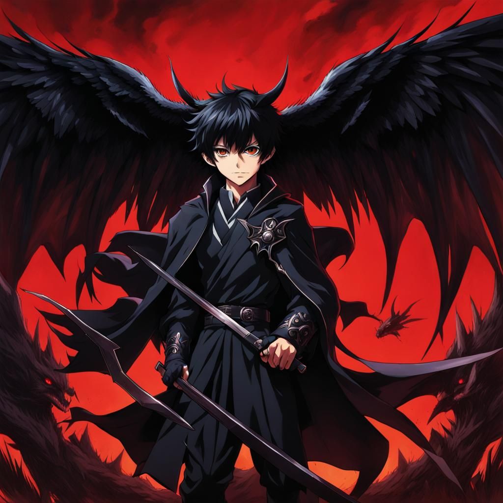 Demonic Boy with Black Wings in Anime Style