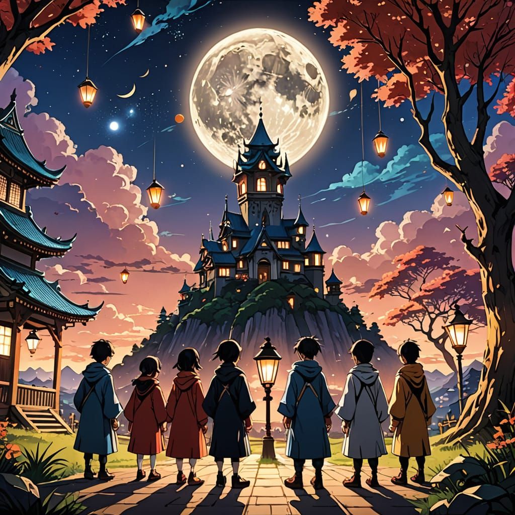 Children Gather Around a Lantern Under a Diamond Moon