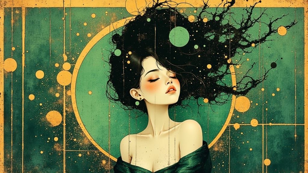 Art Nouveau Woman Portrait in Lush Green Hues