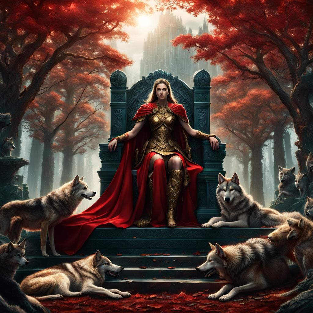 Artemis on Forest Throne with Wolves: Digital Painting