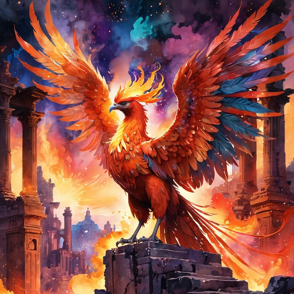 Flaming Phoenix Watercolor Fantasy Art