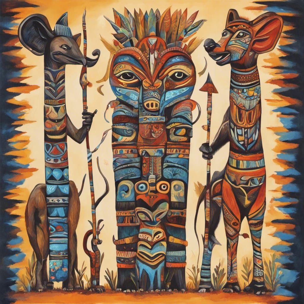 African Animal Totem Pole in Gouache Style