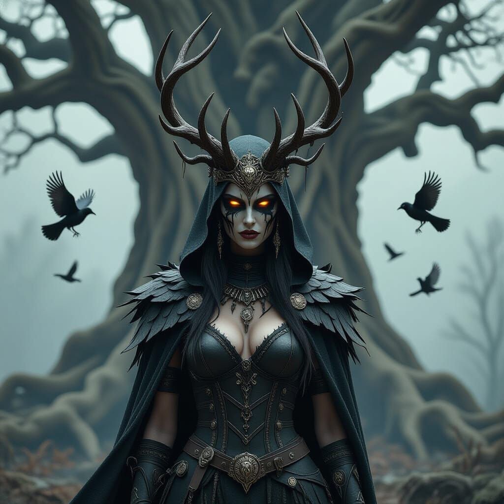 Horned Queen Before Ancient Tree: Dark Fantasy Art
