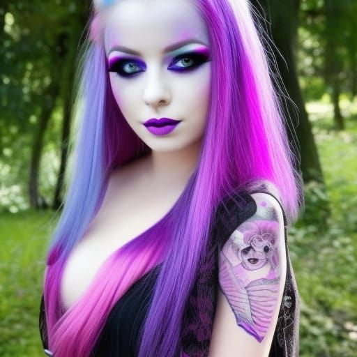 Ethereal young lady with magenta pink hair with vibrant purple highlights& blue highlights& blue eyes& magenta pink eyes...