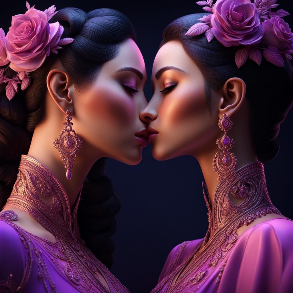 Romantic Kiss Between Two Women: Volumetric Lighting