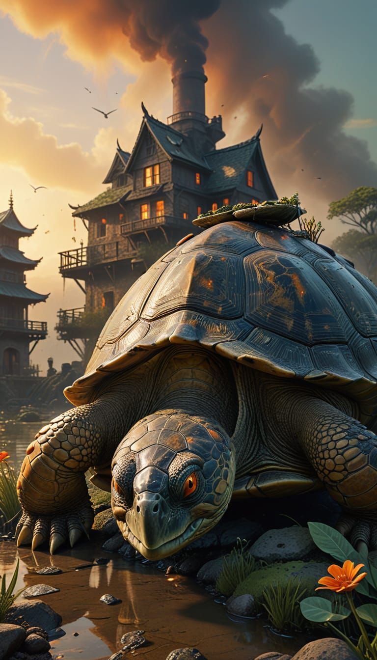 Ancient Turtle Guardians in Vibrant Sunset Landscape