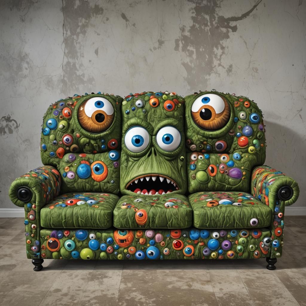 Full view, Wacky monster googly eye 3 seat couch, HDR hyperd...