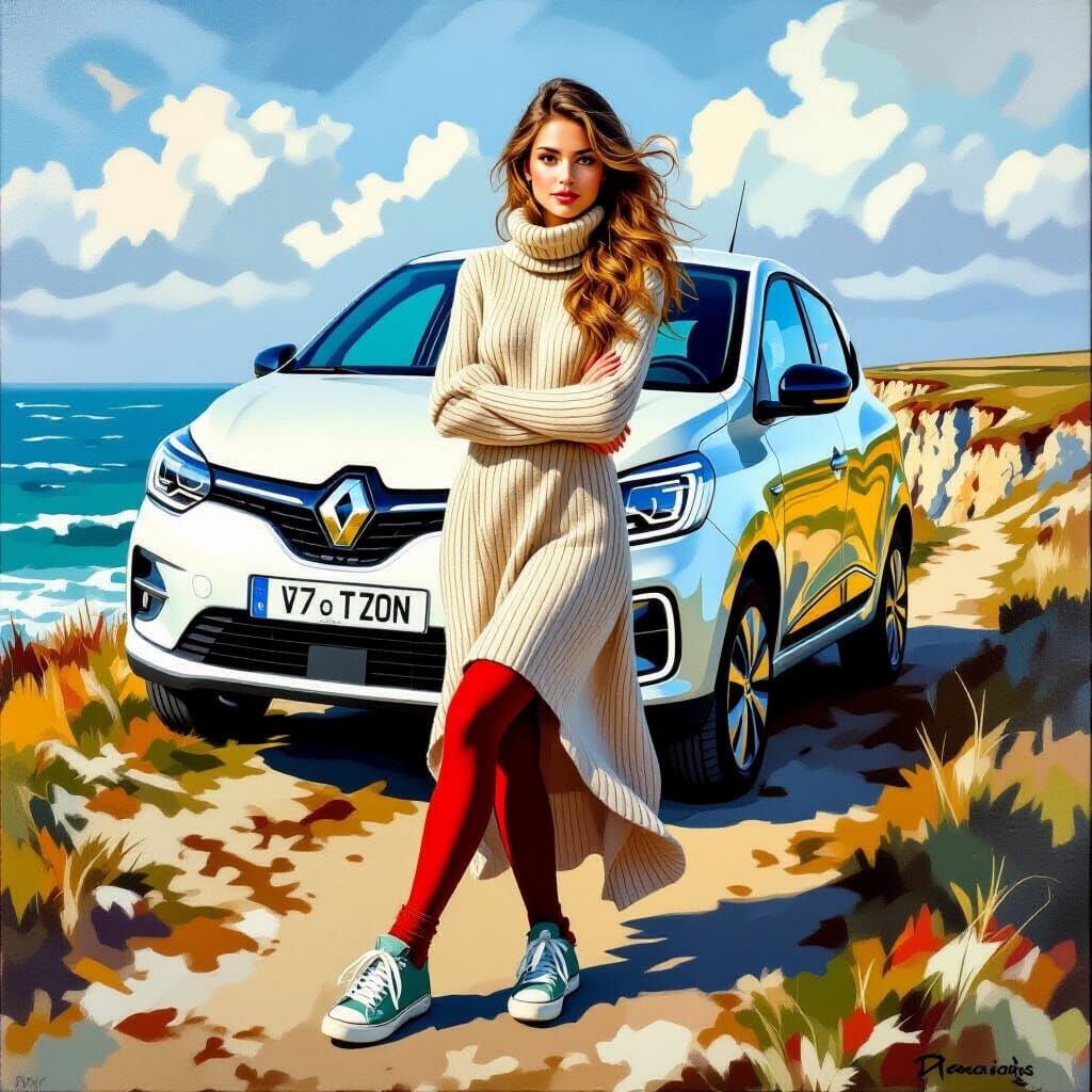 French Woman on Normandy Cliff, Oil Painting Style