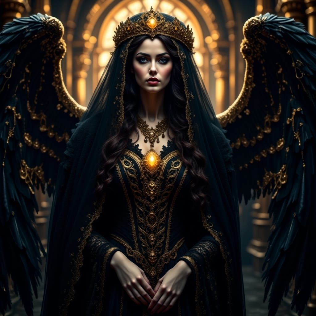 Gothic Angel in Mourning Veil This image shows a close-up of...