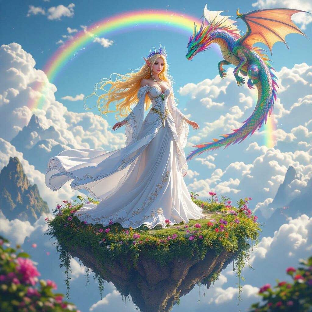 Elf Queen and Dragon on Floating Island, Anime 3D Art