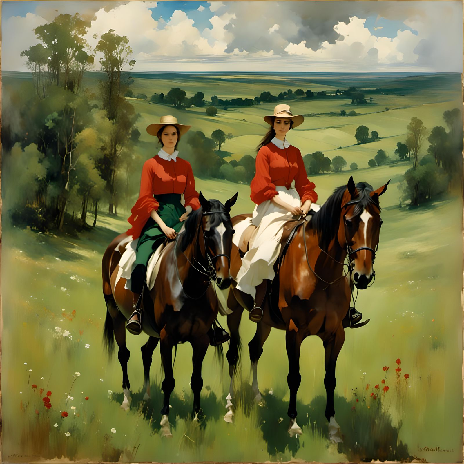 Female Horse Riders in Lush Watercolor Field