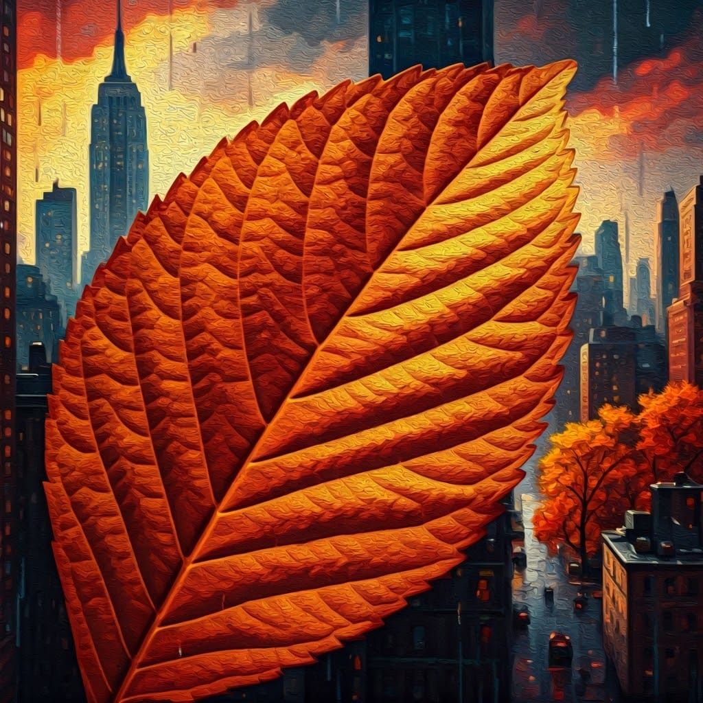 Autumn Leaf with New York Skyline in Impasto Style