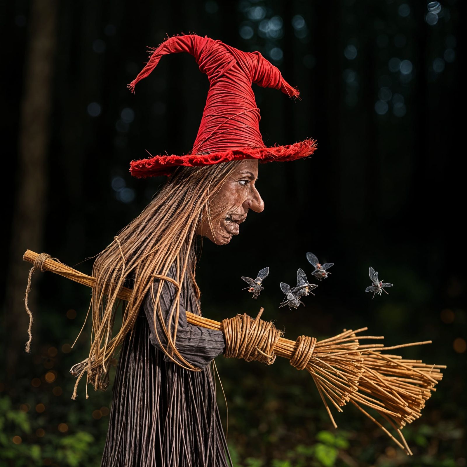String Art Witch Flies Through Haunted Forest