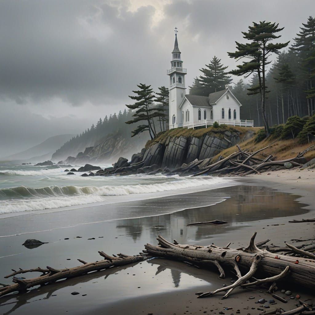 Art Deco Coastal Town in Morning Fog
