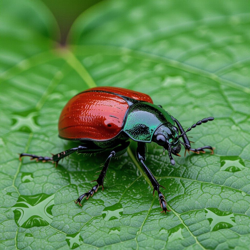 Beetle Resting on a Wet Leaf