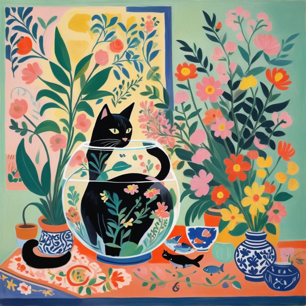 Black Cat with Fishbowl, Matisse Style Pastel Art