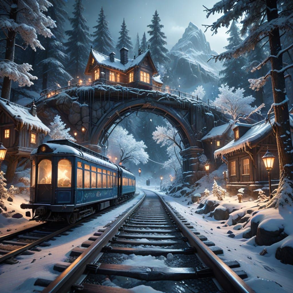 Glowing Crystal Train in Snowy Fantasy Landscape