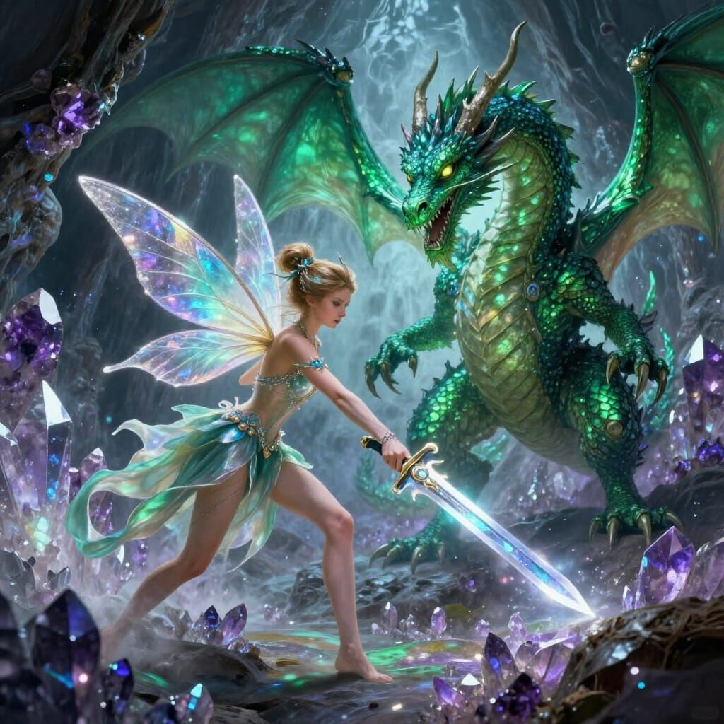 Fairy Battles Emerald Dragon in Amethyst Cave