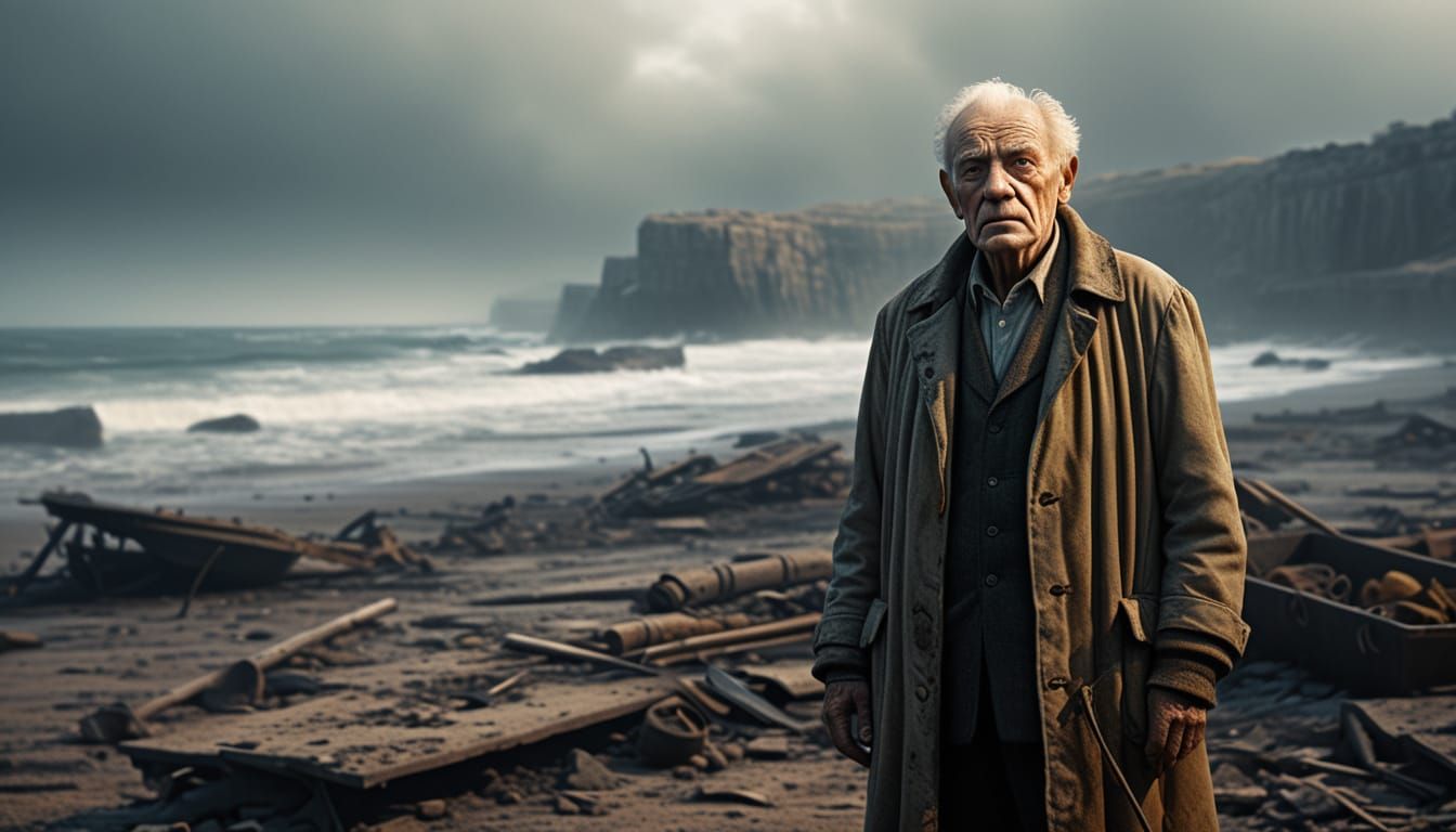 Elderly Man in Ruined Landscape with Misty Sea