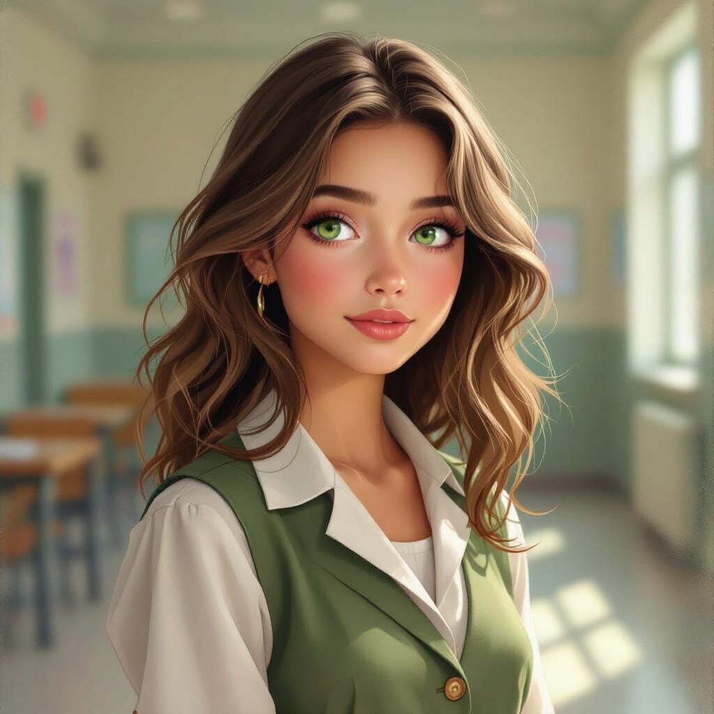 Girl with Green Eyes in School, Digital Painting Style