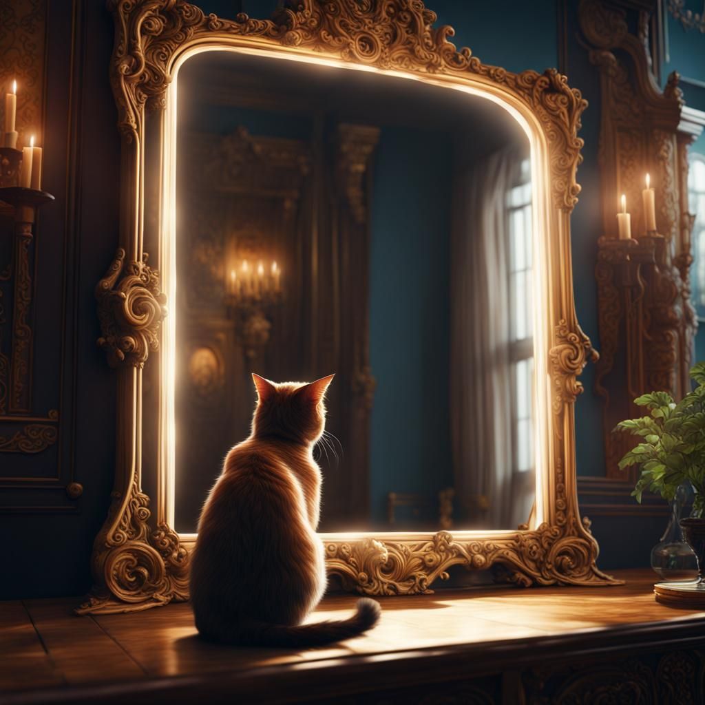 Cat Sees Reflection: Detailed Fantasy Matte Painting