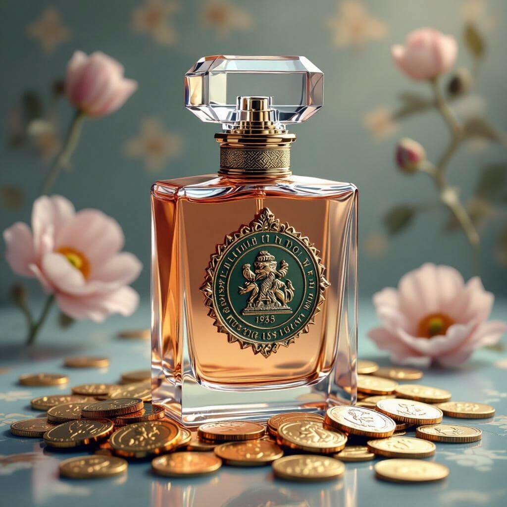 Opulent Perfume Bottle with Coins and Government Seal