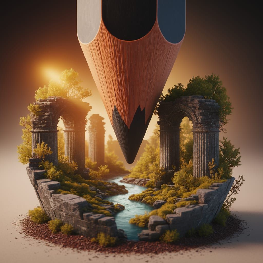 Pencil Transforms into Lush Forest with River and Ruins
