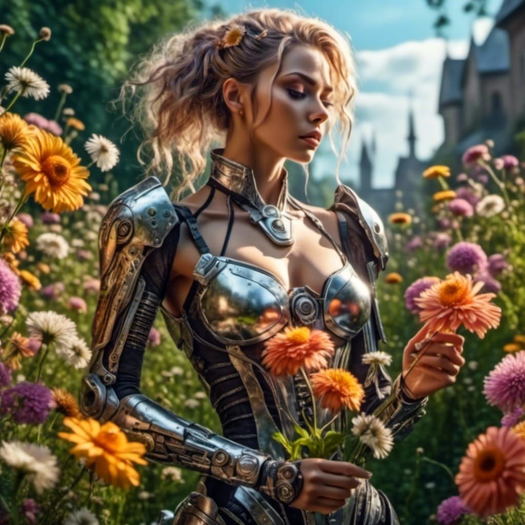Cyborg Woman Picking Flowers in Sunny Garden