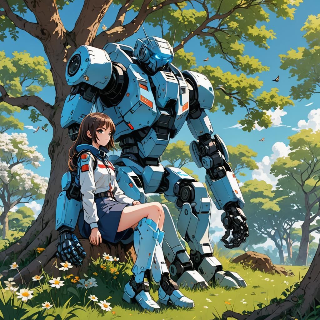 Girl and Robot in Anime Style