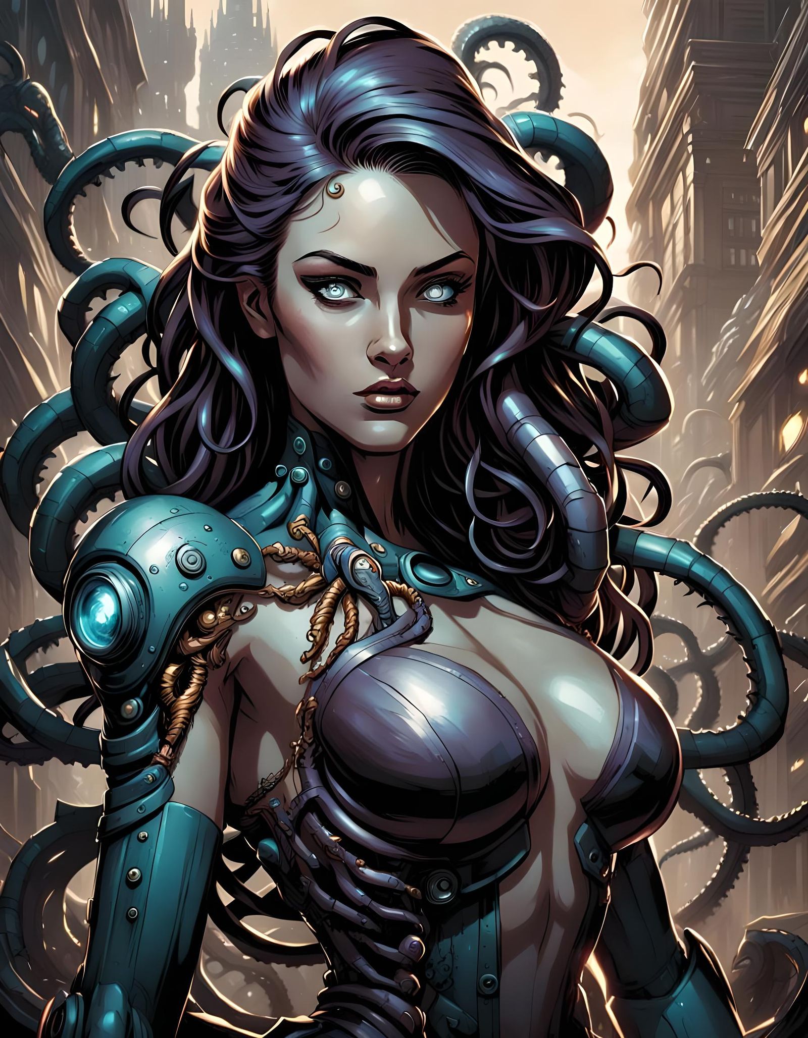 Mechanical Tentacles Embrace a Woman: Comic Book Art