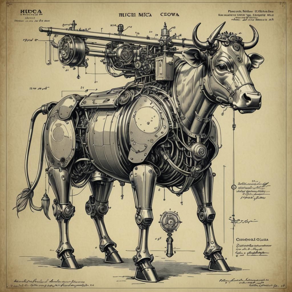 Robot Cow Patent Drawing in Art Nouveau Style