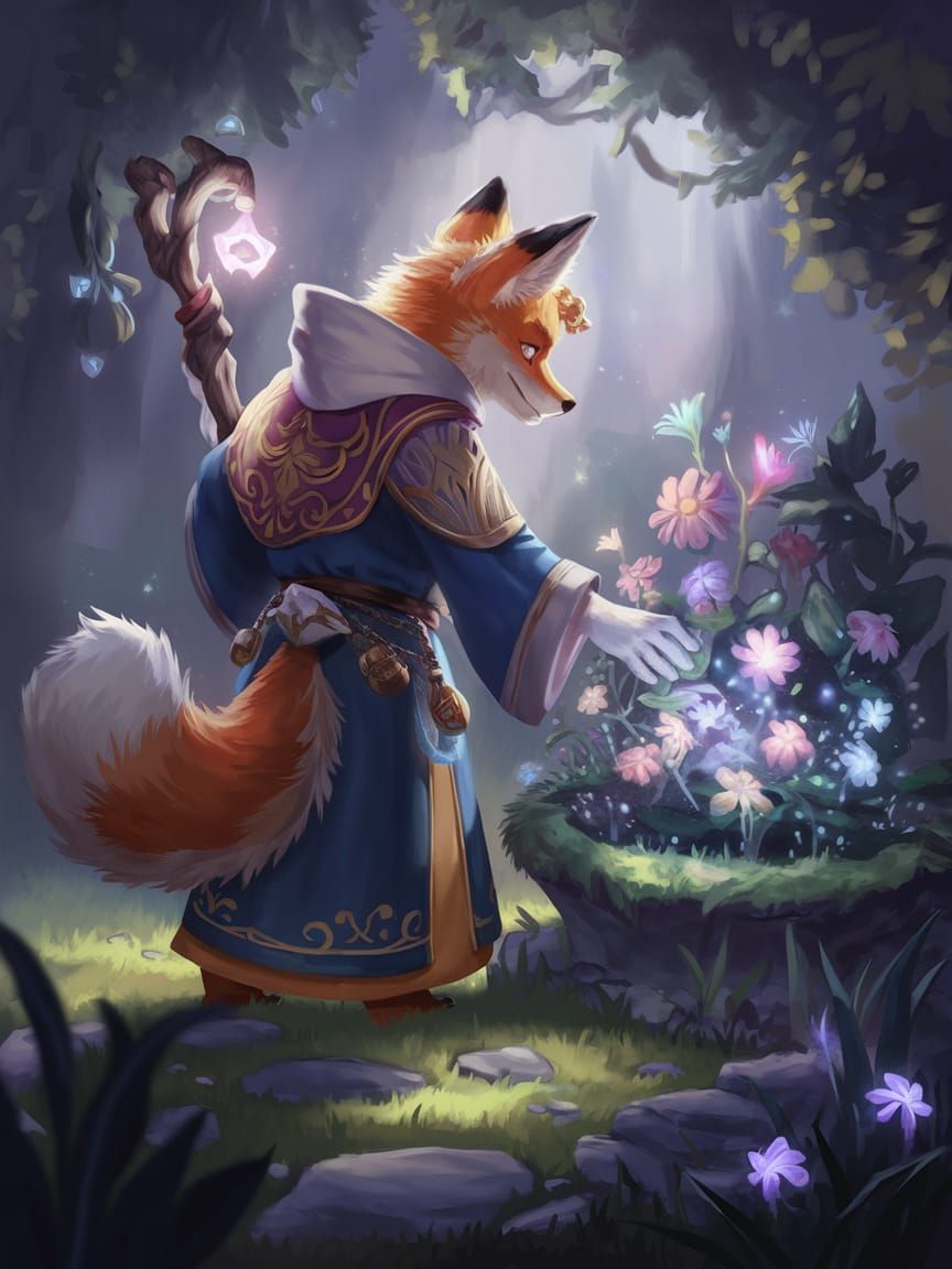 Whimsical Fox Cleric in Magical Garden