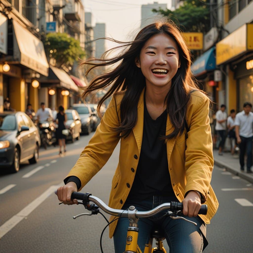 Taiwanese Girl Laughing on Bicycle in Golden Hour Sunlight