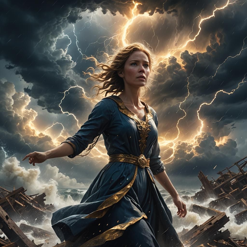 Heroic Woman Stands Firm in Swirling Storm