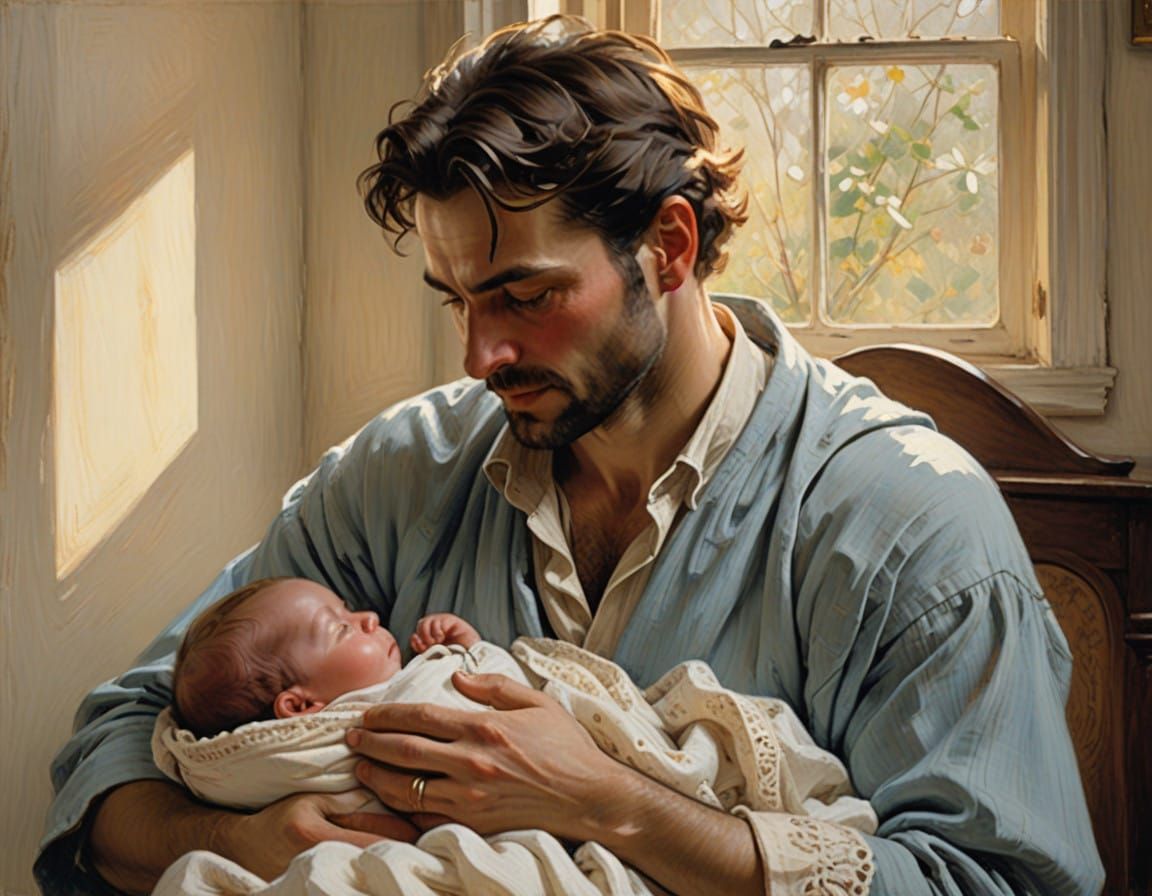 Father's Tender Moment in Soft, Impressionist Style