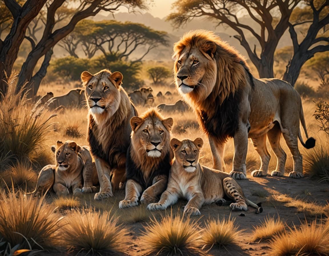 Lions Family in Vibrant Savanna Landscape