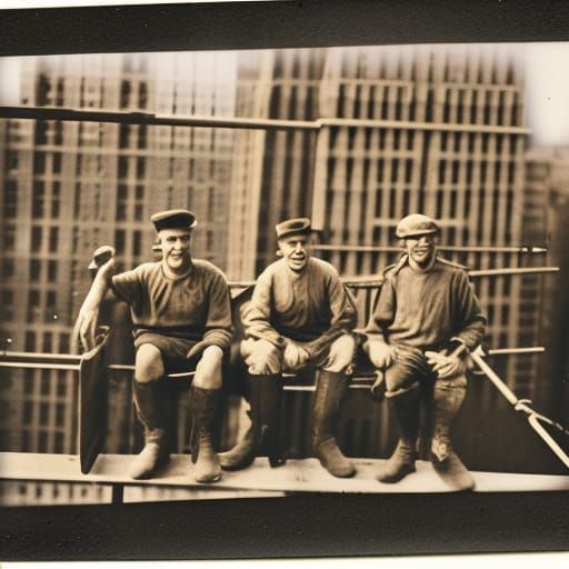 vintage sepia colours polaroid style photos of Workers, sitt...