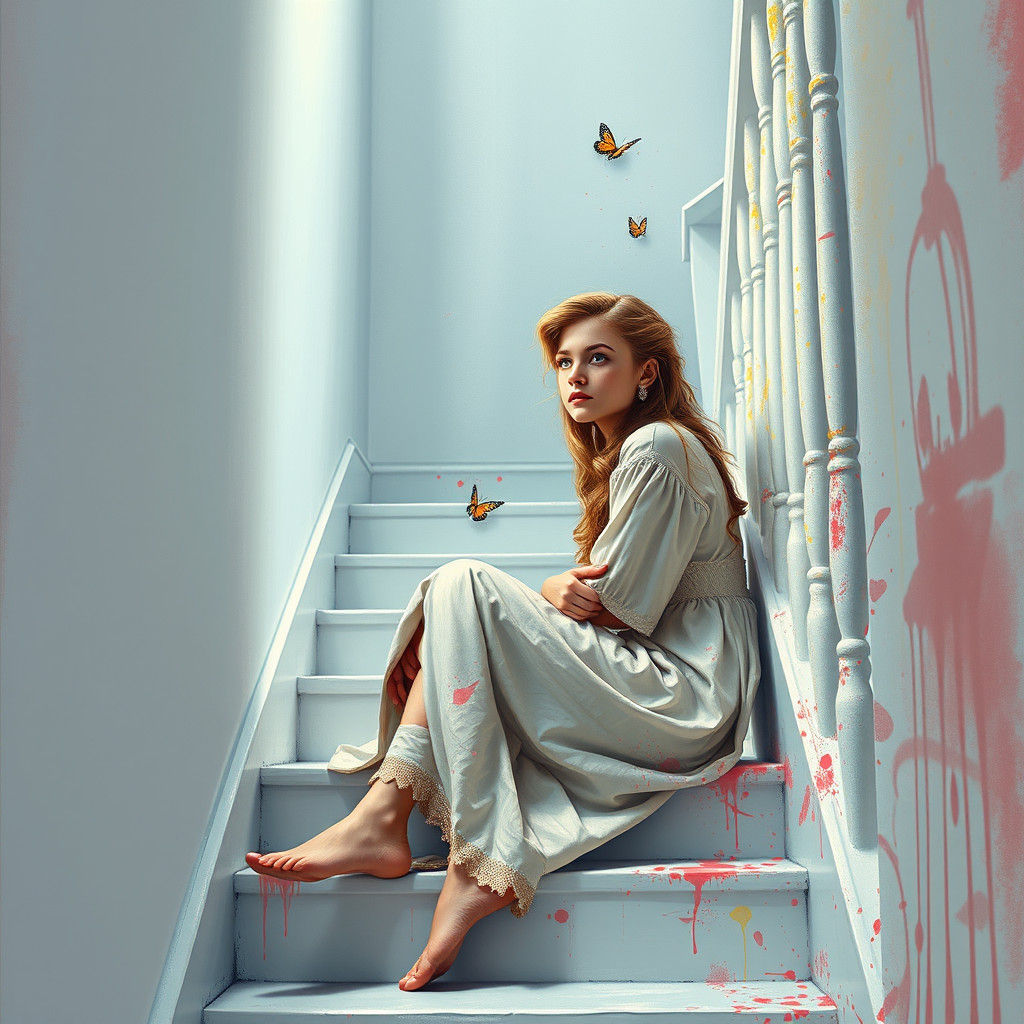 Girl in White Stairwell with Graffiti Art