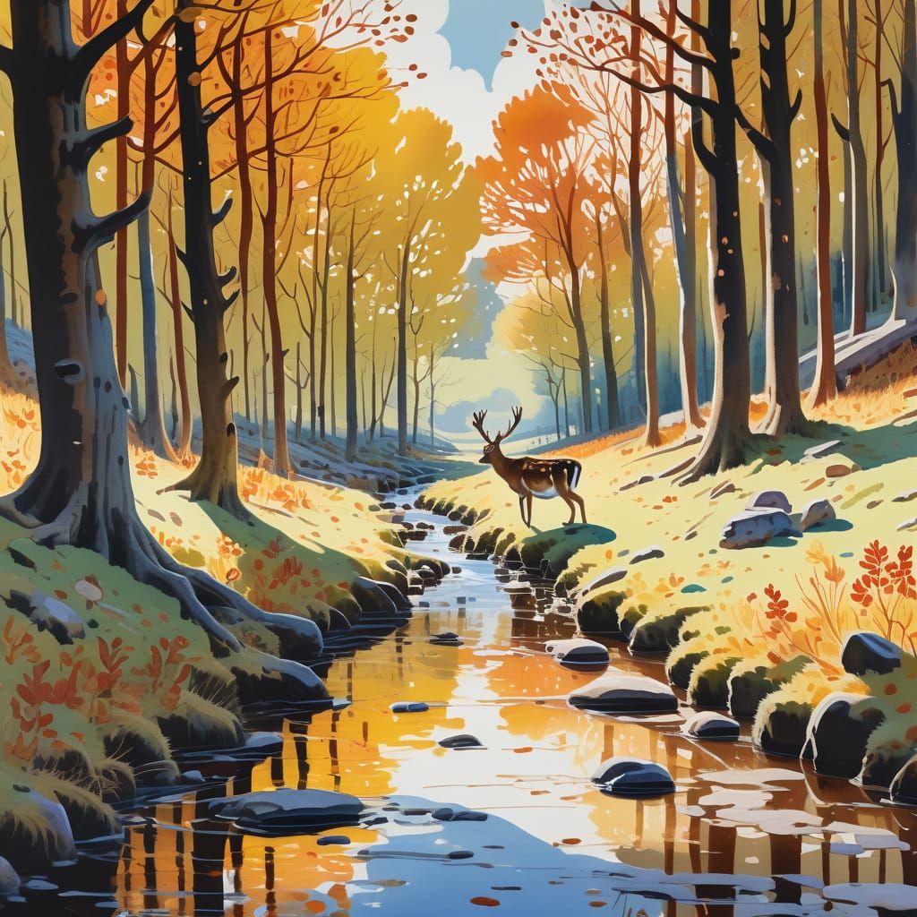 Autumnal Deer and Rabbits in Sun Dappled Wood, Gouache Style