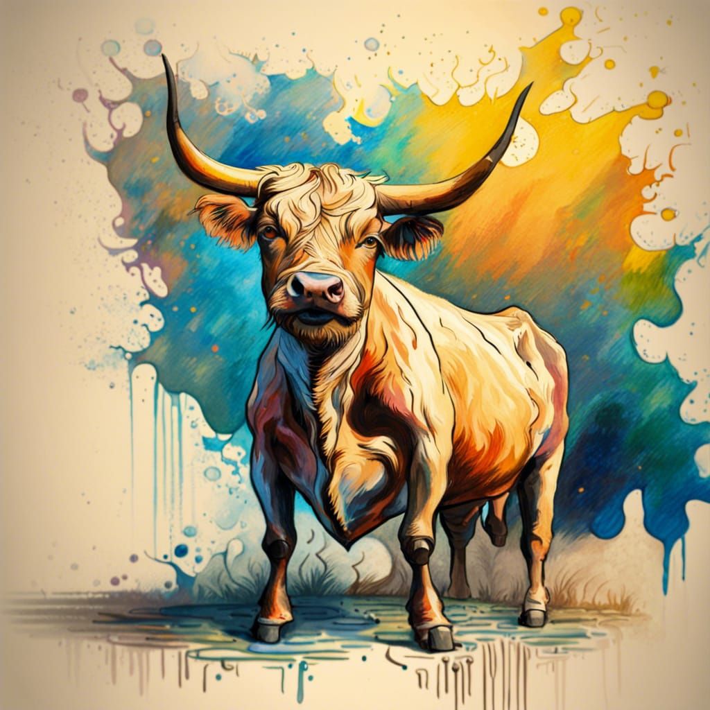 Excited Bulls Watercolor Painting in Post-Impressionistic St...