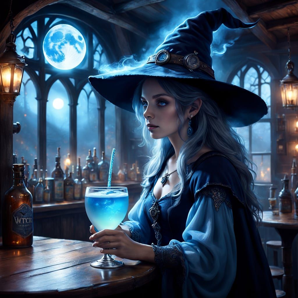 Mystical Witch Drinks Glowing Moonbeam Mead in Ethereal Pub