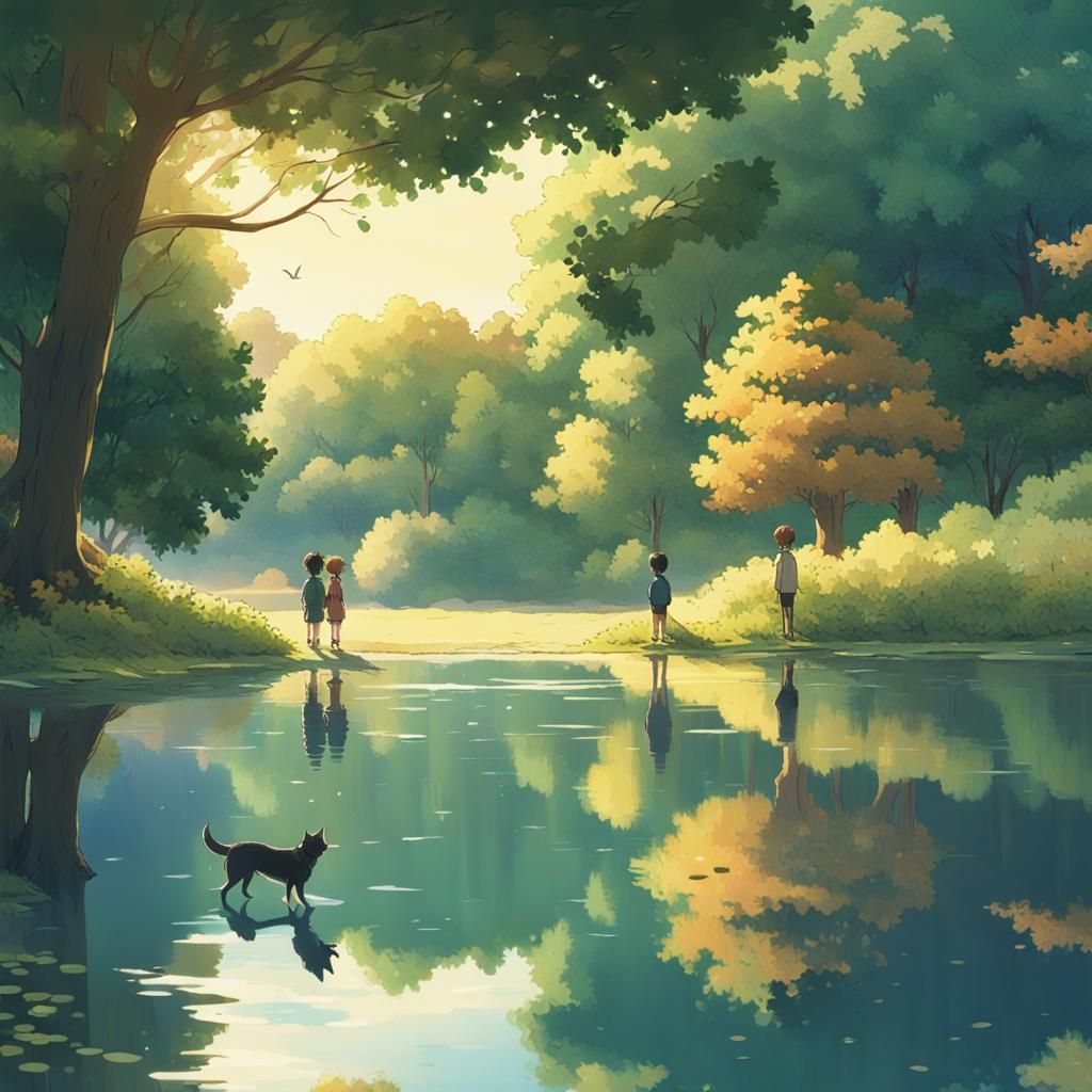 Idyllic Lakeside Scene in Anime Style