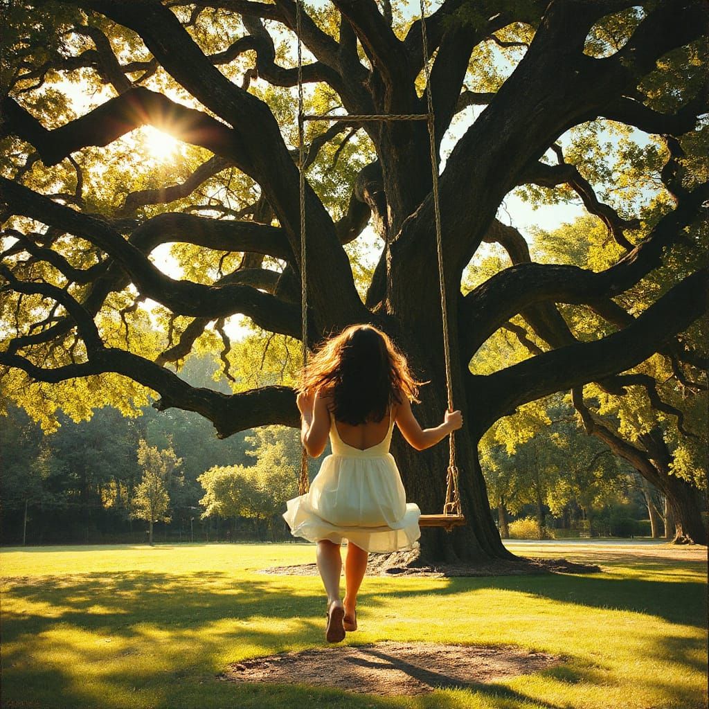 Woman on Swing: Impasto Painting in Golden Light