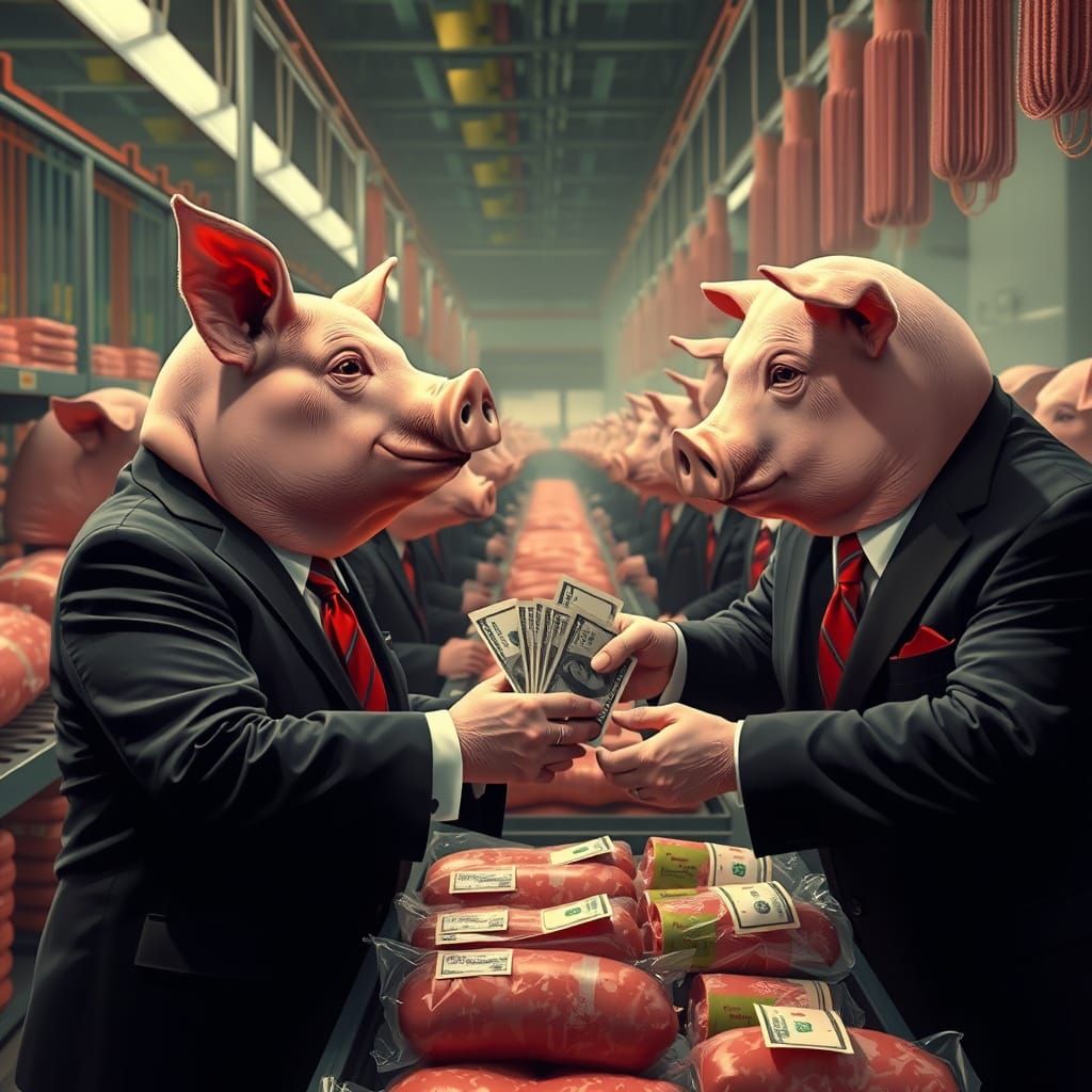 Hyperrealistic Corporate Pigs Making Bologna Money