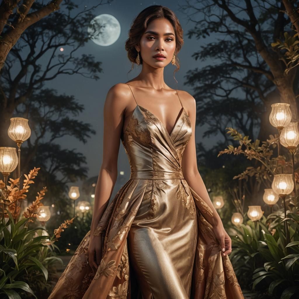 Elegant Woman in Moonlit Garden: Hyper-Realistic Portrait